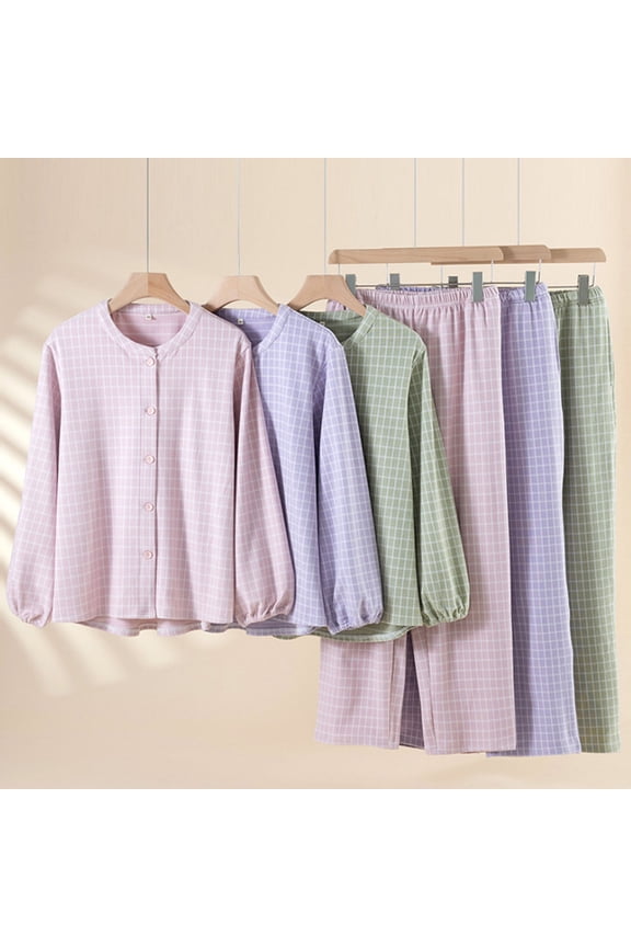 Lounge Sets for Women,Fall Pajamas Women,Women's Plaid Pajama Set with Solid Cardigan and Round Neck Top for Casual Lounge Matching Long Sleeve Set Relaxed Fits Pants for Complete Comfortable