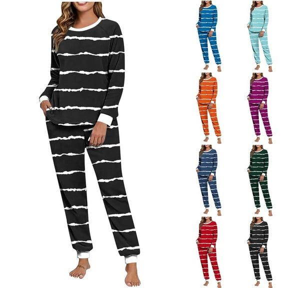 QLEICOM Lounge Sets for Women,Fall Pajamas Women,Womens Pajama Set 2 Pieces Fall Long Sleeve Pullover Stripe Print Pjs Winter Womens Pajamas Lounge Sleepwear with Pockets