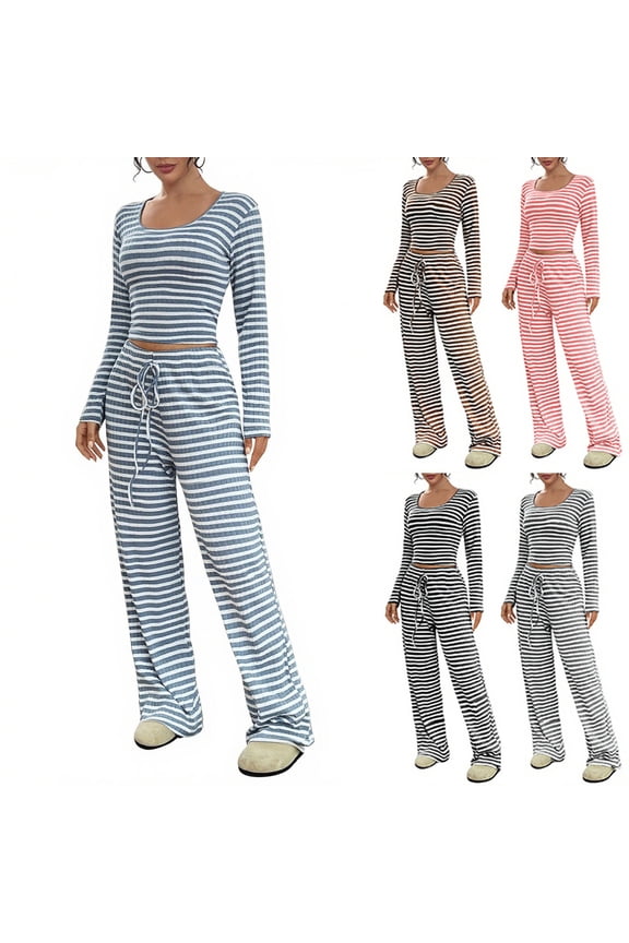 Lounge Sets for Women,Fall Pajamas Women,Women's 2 Piece Outfits Foldover Loose Pants Long Sleeve Crew Neck T-shirt Fitsted Pajama Sets
