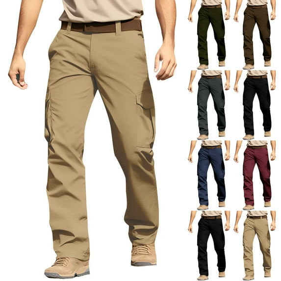 QLEICOM Men's Pants,Cargo Pants for Men,Men's Outdoor Cargo Pants with Elastic Drawstring Waist and Multiple Pockets Durable Solid Color Work Pants for Hiking and Casual Wear