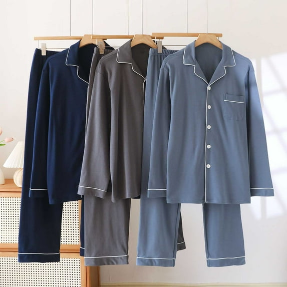 QLEICOM Mens Pajamas Set,Pajamas for Men,Men's Pajamas Set Soft Cotton Long Sleeve Sleepwear Comfortable Loungewear Pjs with Pockets