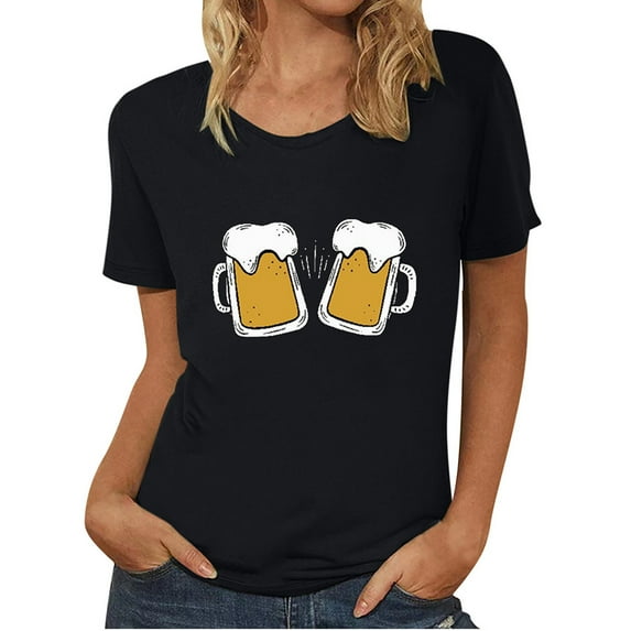 QLEICOM Oktoberfest T-Shirts, Summer Tops for Women Crewneck Casual Loose Blouses, Beer Mug Printed Graphic Tees Basic Blouses, Women Vintage Funny Pattern Drop Sleeves Tops Black F L
