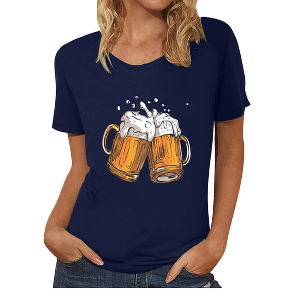 QLEICOM Oktoberfest T-Shirts, Summer Tops for Women Crewneck Casual Loose Blouses, Beer Mug Printed Graphic Tees Basic Blouses, Women Vintage Funny Pattern Drop Sleeves Tops Navy A XL