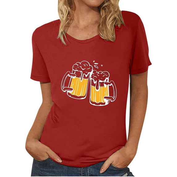 QLEICOM Oktoberfest T-Shirts, Summer Tops for Women Crewneck Casual Loose Blouses, Beer Mug Printed Graphic Tees Basic Blouses, Women Vintage Funny Pattern Drop Sleeves Tops Red C XXL
