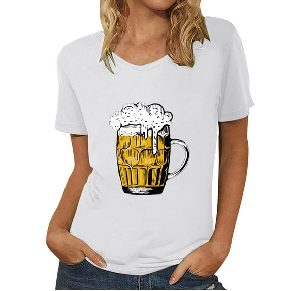 QLEICOM Oktoberfest T-Shirts, Summer Tops for Women Crewneck Casual Loose Blouses, Beer Mug Printed Graphic Tees Basic Blouses, Women Vintage Funny Pattern Drop Sleeves Tops White D M