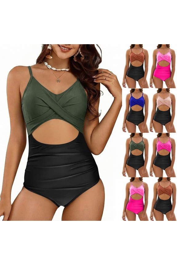 One Piece Swimsuit Women,Bathing Suit,One Piece Tankini Swimsuit Cross Back Straps Open Back with Color Block Panels