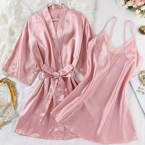 QLEICOM Pajamas for Women Set,Womens Lounge Set,Women's Satin Chemise Set with Tie Front In Mid-Length for Elegant Sleepwear 2-Piece Nightwear Set Offers Sensual Fits with Lightweight Comfortable