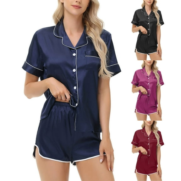 QLEICOM Pajamas for Women Set,Womens Lounge Set,Women's Short Sleeve Pajama Set In Solid Colors with Comfortable Top and Bottom 2-Piece Sleepwear Offers Breathtaking Comfortable for Warmer Nights