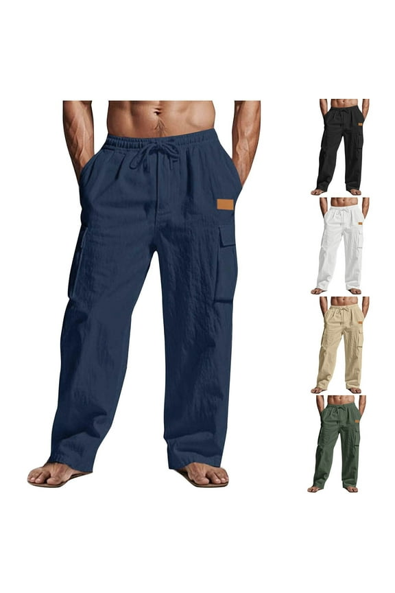 Pants for Men,Mens Casual Pants,Men's Casual Pants with Faux Linen Feel and Multiple Pocket Straight Leg Trousers with Elastic Drawstring Waist
