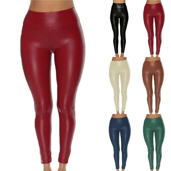 QLEICOM Pants for Women,Womens Pants Casual,Women's High-Waist Leather Pants in Classic Solid Color Slim Fits Faux Leather Leggings for Fashionable Evening Wear