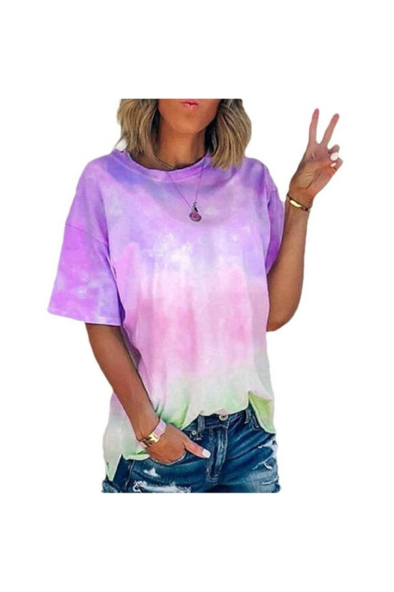 Plus Size S-5XL Women Tie-Dye Short Sleeve Basic Tee T Shirt, Womens Gradient Crew-Neck Summer Casual Loose Printed Tee Tops, Beach Party T-Shirt Blouse Tops