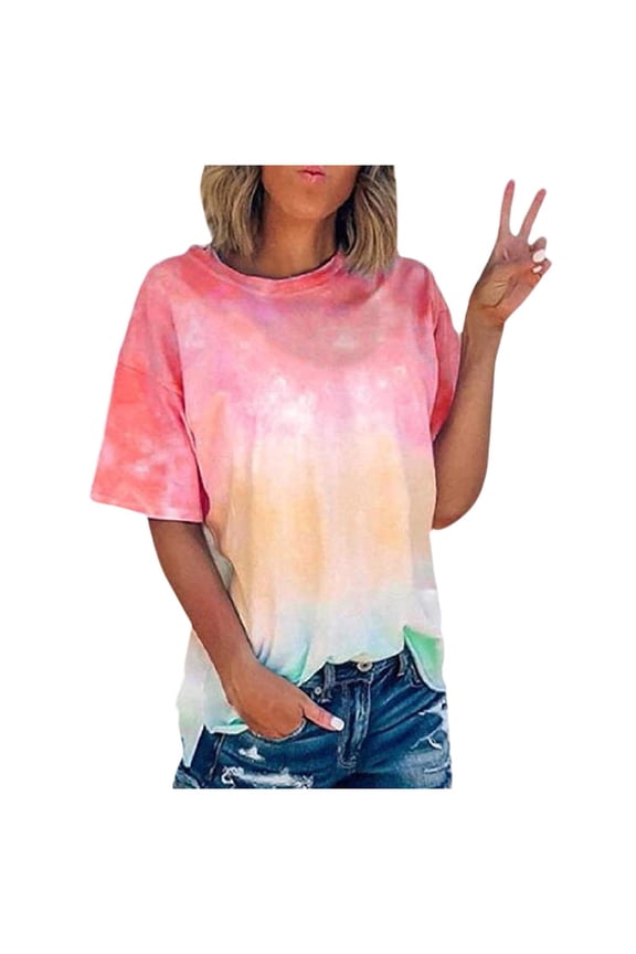 Plus Size S-5XL Women Tie-Dye Short Sleeve Basic Tee T Shirt, Womens Gradient Crew-Neck Summer Casual Loose Printed Tee Tops, Beach Party T-Shirt Blouse Tops