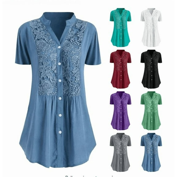 QLEICOM Plus Size Tops for Women, Casual V Neck Tops Shirt, Ladies Lace Stitching Button-Down Shirts, Short Sleeve Pleated Tunics Work Bussiness Tops, Tees & Blouses S-5XL
