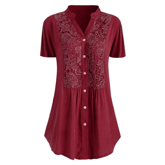 QLEICOM Plus Size Tops for Women, Casual V Neck Tops Shirt, Ladies Lace Stitching Button-Down Shirts, Short Sleeve Pleated Tunics Work Bussiness Tops, Tees & Blouses S-5XL