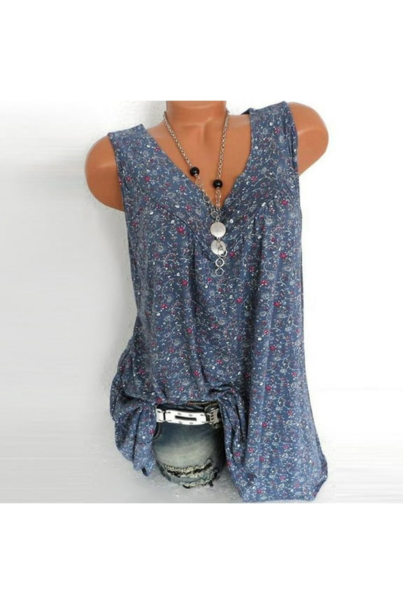 Print Pleated Tank Tops for Women, Plus Size Casual Loose Tunic Vest, V Neck Floral Print T Shirts Side Split Tanks, Summer Leisure Sleeveless Tunic Shirt, Tees & Blouses S-7XL