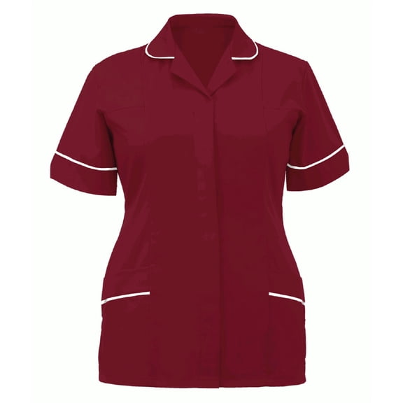 QLEICOM Scrubs Tops for Women, Plus Size Lapel V-Neck Scrubs Short Sleeve Casual Loose Solid Color Blouse Tops, Shirring Tunic Uniform Workwear with Two Pocket, Scrub Tops S-3XL
