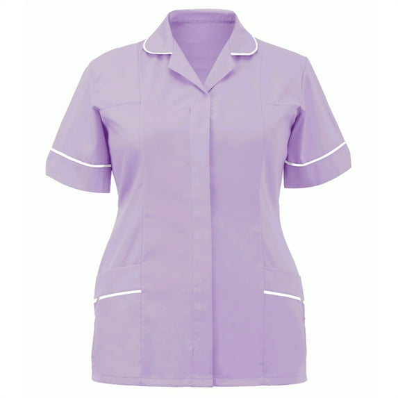 QLEICOM Scrubs Tops for Women, Plus Size Lapel V-Neck Scrubs Short Sleeve Casual Loose Solid Color Blouse Tops, Shirring Tunic Uniform Workwear with Two Pocket, Scrub Tops S-3XL