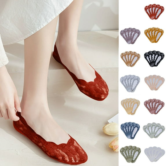 QLEICOM No Show Socks Womens,Women No-Show Socks with Lace Print Breathable and Comfortable Shallow Cut Invisible Liner Socks Offer Water Control for Flats and Loafers Beige