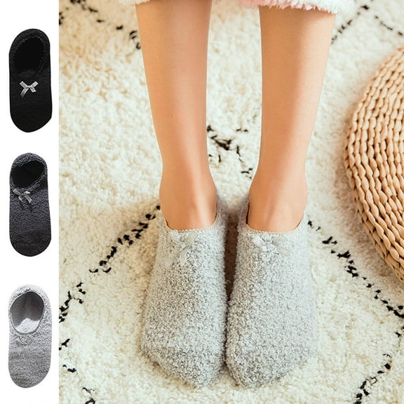 QLEICOM No Show Socks Womens,Socks for Women,Women Solid Color Slipper Socks with Fleece Lining and Non-Slip Sole Fashion for Indoor Winter Comfortable and Safe On Hard Floor Surfaces Gray