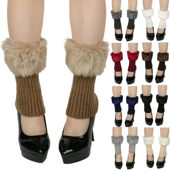 QLEICOM Socks for Women,Womens Socks,Solid Color Leg Warmers with Faux Fur Cuff and Knit for Fashion and Comfortable Fold Over Boot Socks Add Stylish Warmth To Your Winter Outfits White