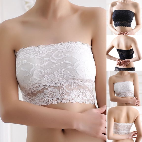 QLEICOM Strapless Bra,Wireless Bras for Women,Solid Color Lace Bandeau Bra Back Mesh Panels Strapless Seamless Lightly Lined for Smooth Look Under Tops and Special Occasion White