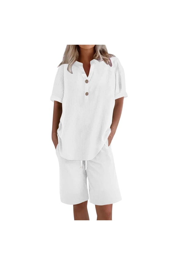Summer 2 Piece Outfits for Women, Casual Loose Short Sleeve Tops and Shorts Lounge Sets, Oversized Cotton Linen T-shirts Shorts Matching Airport Travel Outfits