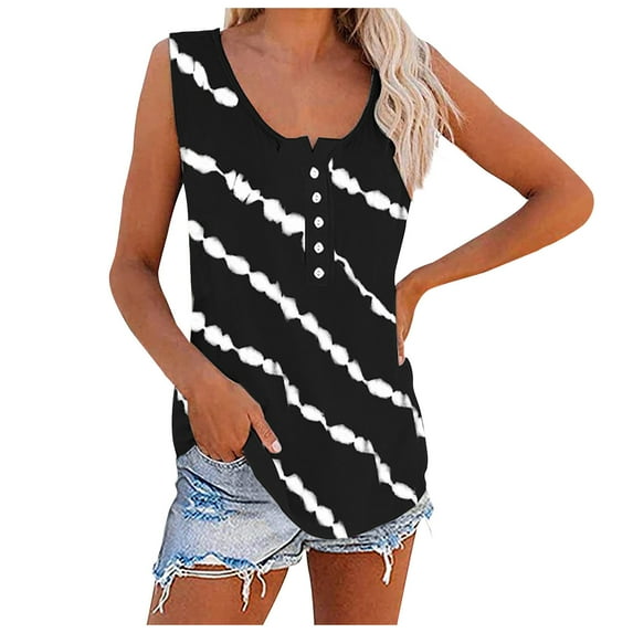 QLEICOM Summer Crewneck Tank Top Casual Loose Sleeveless Tops Shirts Striped Print Sleeveless T-Shirt Tops Blouse Black 5XL, US Size:18