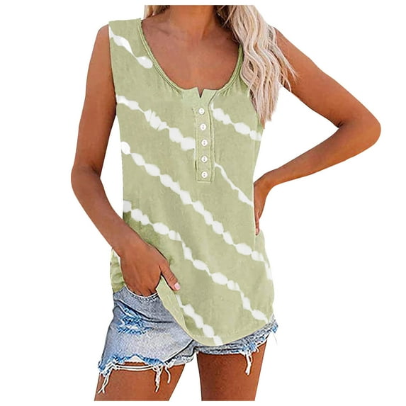 QLEICOM Summer Crewneck Tank Top Casual Loose Sleeveless Tops Shirts Striped Print Sleeveless T-Shirt Tops Blouse Green XL, US Size:10