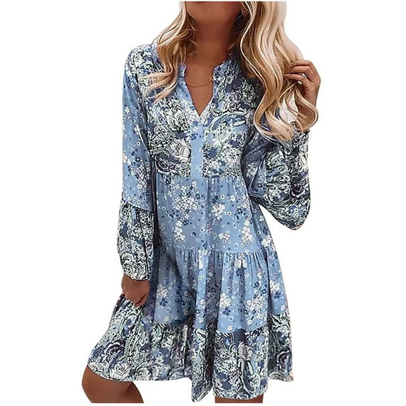 QLEICOM Summer Dress Savings Clearance Deals, Plus Size Casual Dresses, Women Bohemian V neck Loose Long Sleeve Flare Sleeve Print Mini Dress, Beach Dress Sun Dresses Blue M