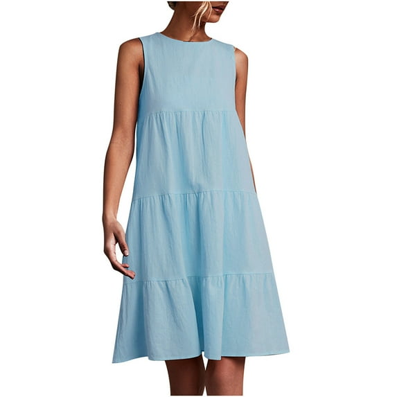 QLEICOM Summer Dress Savings Clearance Deals, Plus Size Casual Dresses, Women Holiday Solid Round Neck Sleeveless Party Beach Loose Dress, Beach Dress Sun Dresses Blue L