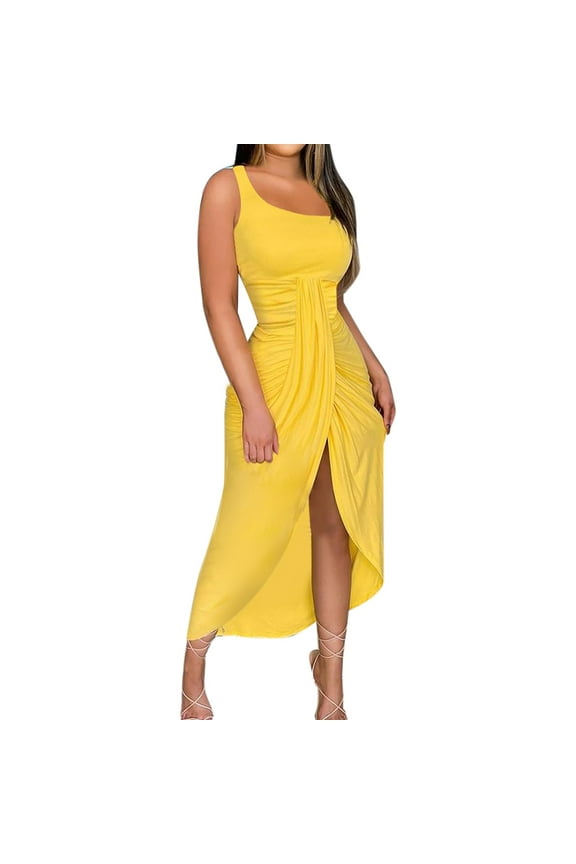Summer Dress, Plus Size Casual Dresses, Women Solid Strapless Long Dress, Beach Split Dress, Party Club Dress, Beach Dress Sun Dresses Yellow XL