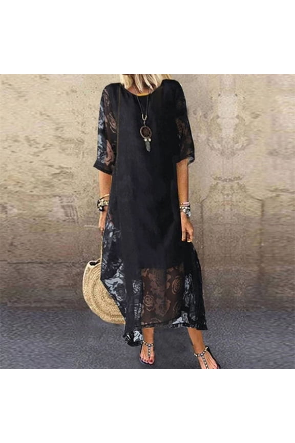 Summer Dress for Women Fashion Casual Solid Color Dress Mid Sleeve Long Maxi Beach Swing Dress Splicing Mesh Mid Length Dress Wedding Guest Dress Black M