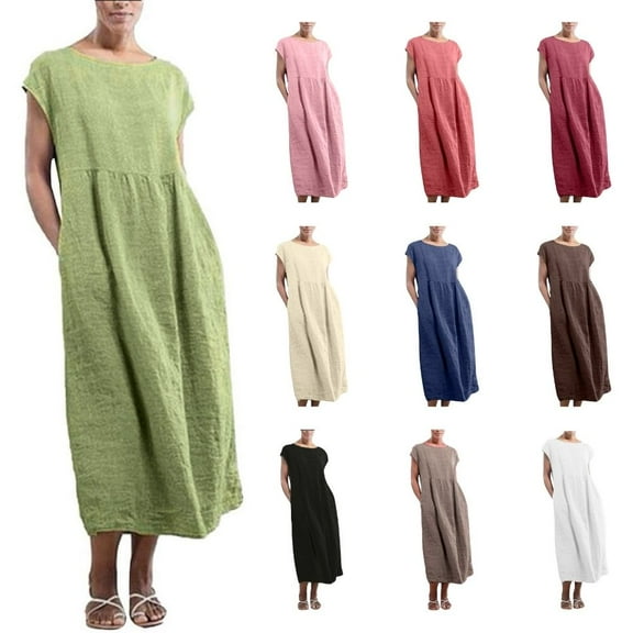 QLEICOM Summer Dress for Women Solid Sleeveless Cotton Linen Dress, Casual Loose Baggy Kaftan Long Dress with Pocket, Hawaiian Beach Dress Sundresses Coffee 5XL