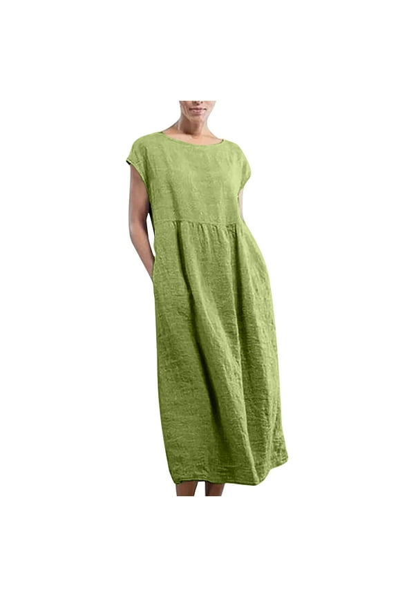 Summer Dress for Women Solid Sleeveless Cotton Linen Dress, Casual Loose Baggy Kaftan Long Dress with Pocket, Hawaiian Beach Dress Sundresses Green XXL