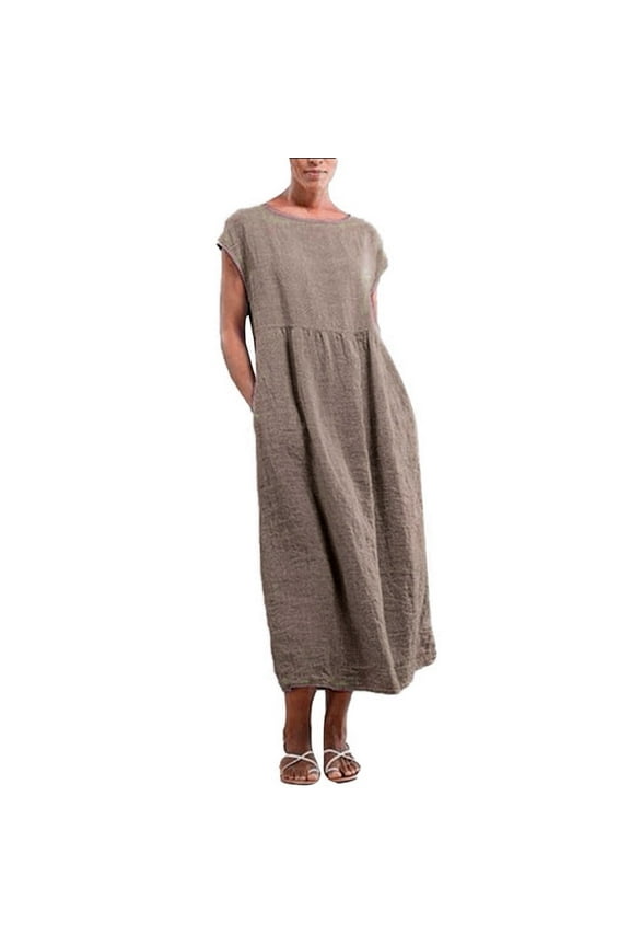 Summer Dress for Women Solid Sleeveless Cotton Linen Dress, Casual Loose Baggy Kaftan Long Dress with Pocket, Hawaiian Beach Dress Sundresses Khaki S