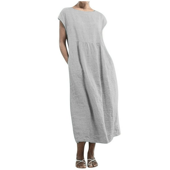 QLEICOM Summer Dress for Women Solid Sleeveless Cotton Linen Dress, Casual Loose Baggy Kaftan Long Dress with Pocket, Hawaiian Beach Dress Sundresses Gray 5XL