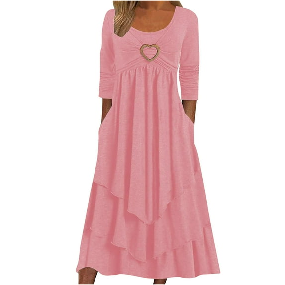 QLEICOM Summer Dresses For Women 2023 Casual 3/4 Sleeve Lace Patchwork Long Dress O Neck Ruffle Tiered Maxi Dress Cocktail Dress Pink 3XL, US Size: 14