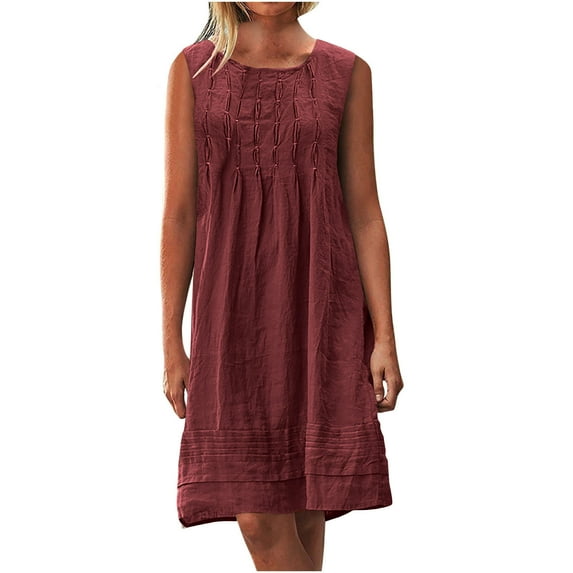 QLEICOM Summer Dresses for Women 2025, Boho Sleeveless Vintage Tshirt Tank Sundresses, Women's Round Neck Sleeveless Pleated Dress, Cotton Linen Beach Dress Loose Fit
