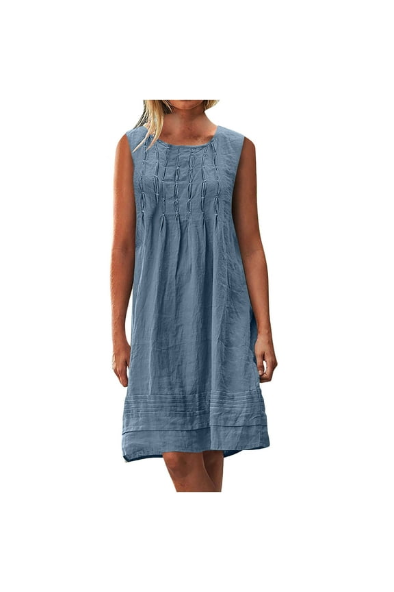 Summer Dresses for Women 2025, Boho Sleeveless Vintage Tshirt Tank Sundresses, Women's Round Neck Sleeveless Pleated Dress, Cotton Linen Beach Dress Loose Fit