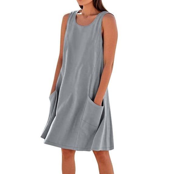 QLEICOM Summer Dresses for Women 2025, Casual Loose Crewneck Sleeveless Sundresses, Solid Color Cotton Linen Beach Dress Flowy Tshirt Tank Dress with Pockets