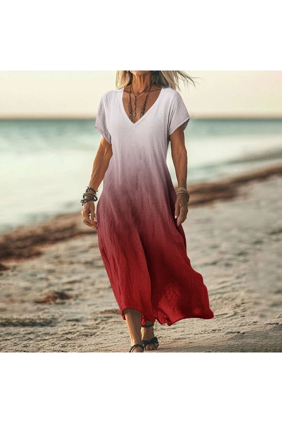 Summer Dresses for Women 2025, Plus Size Casual Boho Dress Gradient Floral Print Maxi Dresses, V-neck Short Sleeve Cotton Linen Dress, Long Beach Sundress Travel Vacation Outfits (S-2XL)