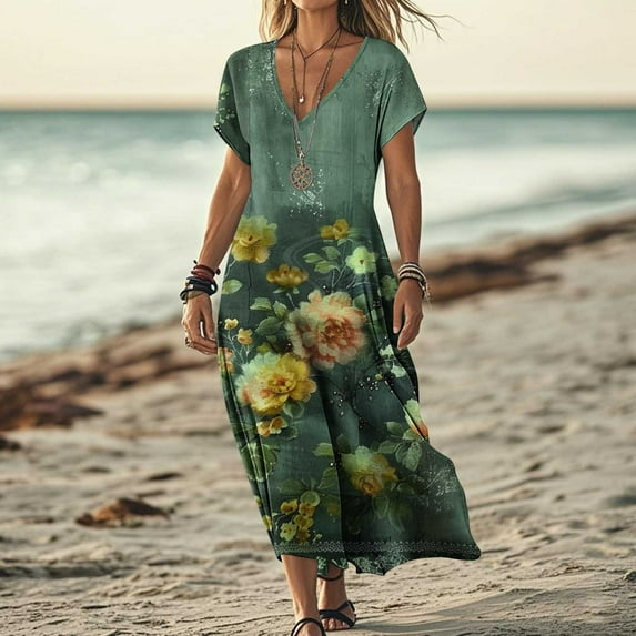 QLEICOM Summer Dresses for Women 2025, Plus Size Casual Boho Dress Gradient Floral Print Maxi Dresses, V-neck Short Sleeve Cotton Linen Dress, Long Beach Sundress Travel Vacation Outfits (S-2XL)