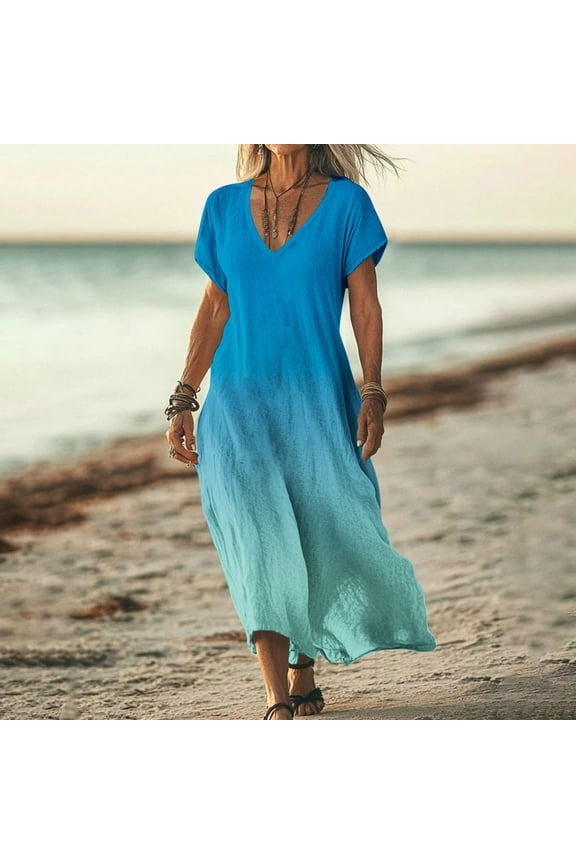Summer Dresses for Women 2025, Plus Size Casual Boho Dress Gradient Floral Print Maxi Dresses, V-neck Short Sleeve Cotton Linen Dress, Long Beach Sundress Travel Vacation Outfits (S-2XL)