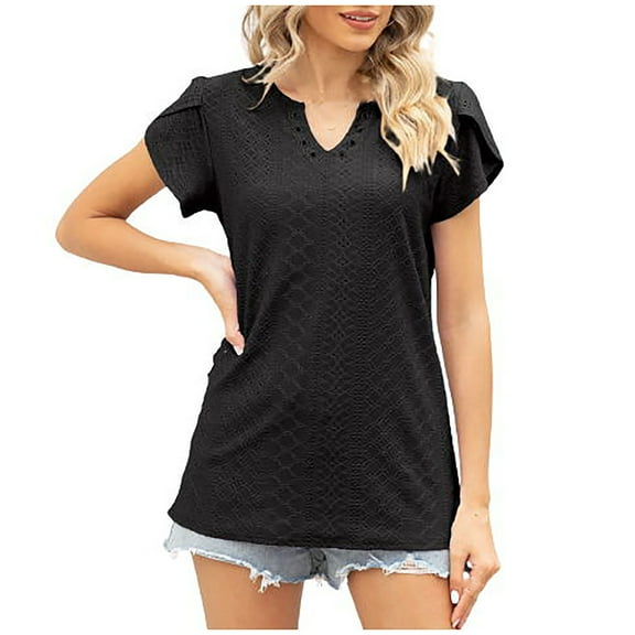 QLEICOM Summer Tops Casual Country V Neck Tee Shirts Petal Sleeve Fashion Loose Blouse Black S, US Size 4