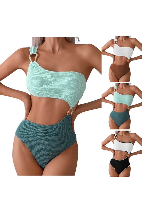 Swimsuit for Women,Bathing Suit,Color Block One Shoulder One Piece Swimsuit Open Back Metal Ring Detail Removable Padding