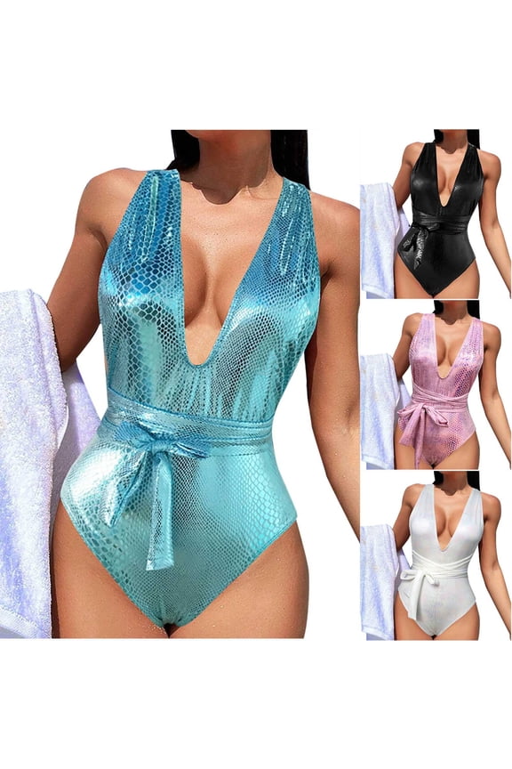 Swimsuit for Women,Bathing Suit,Solid Color Sequin V Neck One Piece Swimsuit Tie Back Open Back Slim Fits