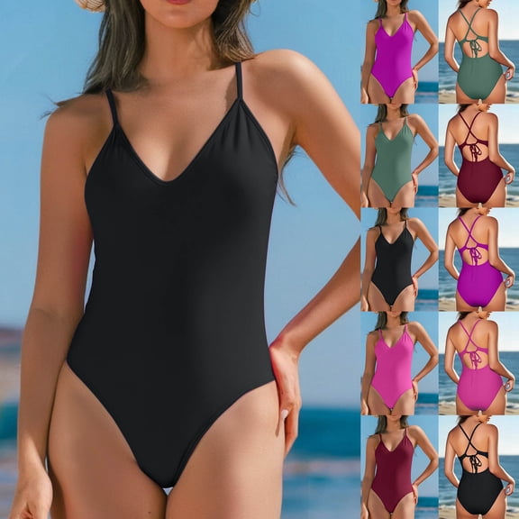 QLEICOM Swimsuit for Women,Women's Swimwear,Halter Neck One Piece Swimsuit V Neck Sleeveless Solid Color with Removable Padding
