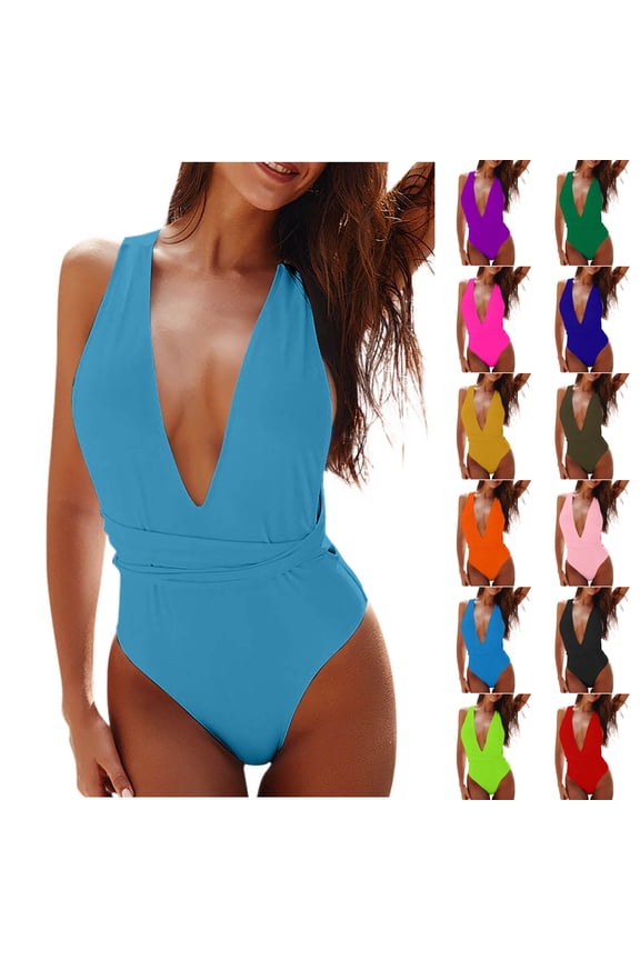 Swimsuit for Women,Women's Swimwear,Solid Color V Neck One Piece Swimsuit Tie Back Open Back Slim Fits Monokini