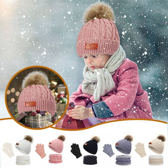 QLEICOM Toddler Winter Hat,Hat and Gloves for GirlsKids 3 Piece Winter Set Includes Pom Pom Beanie Matching Neck Warmer and Warm Gloves for Complete Cold Weather Protection Coordinated Set Fun White