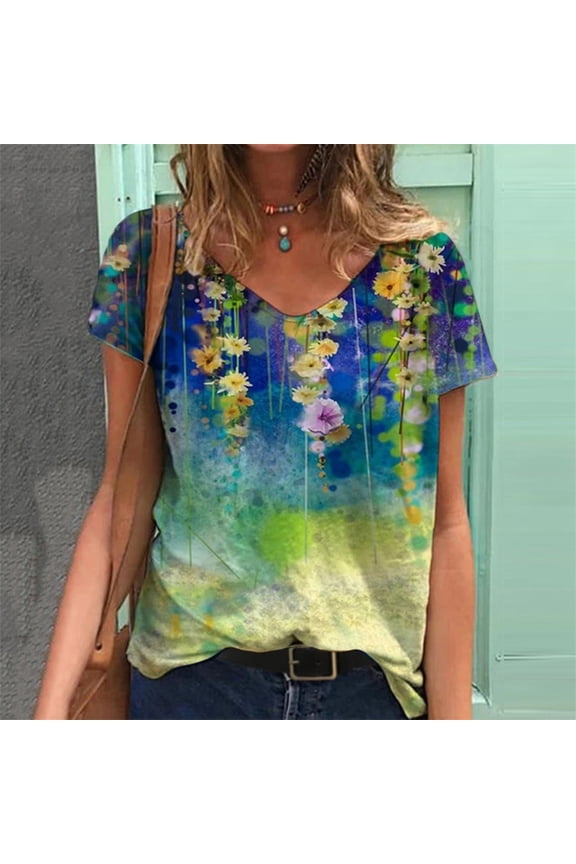 Trendy Floral T-Shirt, Women's Summer Short Sleeve Tunic Tops, Plus Size V Neck Graphic Tees Shirt, Casual Comfy Blouses T-Shirts Pullover Tees S-5XL, Gifts for Mom